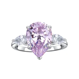 Precioso anillo de compromiso de plata 925 con circonita rosa en talla pera para mujer.