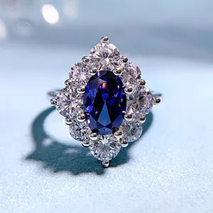 Lusso 925 Argento Sterling Zaffiro Blu Ovale Strass Intarsiato Anello Per Donna Leggero Moda Quotidiano Gioielli Regalo