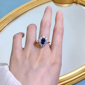 Anello argento 925 zaffiro blu ovale zircone donna gioielli lusso stile elegante chic