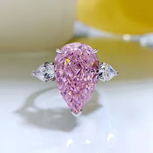 Anillo de Plata de Ley 925 con Zirconia Corte de Pera para Mujer Lujo Tres Piedras Rosa Blanco Amarillo Joyería