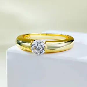 S925 Sterling Zilveren Vergulde Zirkonia Ring Voor Dames Elegante Ronde Gesimuleerde Diamant Verlovingsring Sieraden