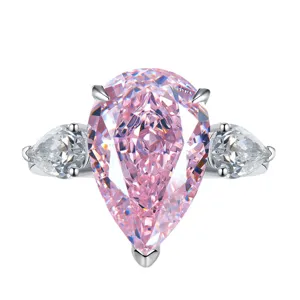 Impresionante anillo de tres piedras con diamante rosa talla pera en plata de ley 925, lujo.