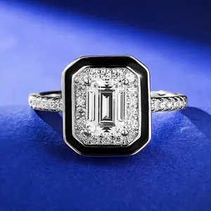 Anillo Geométrico de Octágono con Corte Esmeralda de Plata de Ley 925 de Lujo Borde de Esmalte Negro Strass Joyería para Mujer