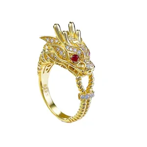 S925 Sterling Gold Vergoldet Chinesischer Drache Ring Statement Schmuck Hauptansicht