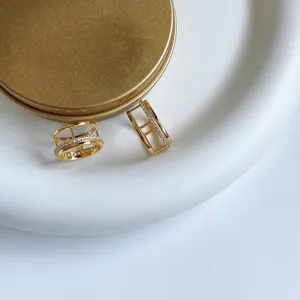 Close-up detail shot of stylish double-band gold-plated pavé zirconia hoop earrings.