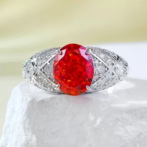 Euro-American 925 Silver Sunset Orange Oval High Carbon Diamond Ring Luxury Rhinestone Inlaid Geometric Finger Ring For Women Banquet Jewelry