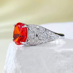 S925 silver 7x9mm oval sunset orange high carbon diamond ring for women, stunning sparkle.