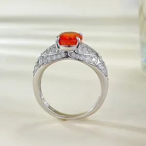S925 Sterling Silver 7x9 Oval Sunset Orange High Carbon Diamond Ring Women Cross-border