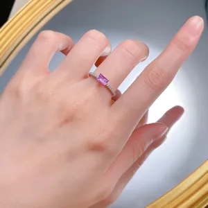 Silver emerald-cut pink gemstone ring minimalist dainty engagement ring for women daily wear
