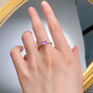 Silver pink gemstone ring, elegant emerald cut pink cubic zirconia ring for women daily wear.