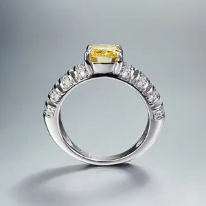 Stunning cushion-cut yellow diamond high-carbon silver ring, elegant European luxury style.
