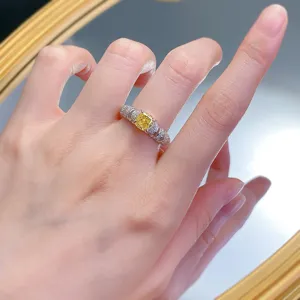 Exquisite 6x6 yellow diamond ring in S925 silver, stylish European luxury women jewelry piece.