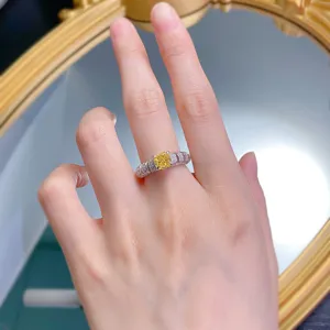Stunning 6x6mm yellow cushion cut high carbon diamond ring in S925 sterling silver, luxury style.