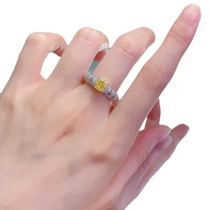 Stunning cushion yellow diamond ring in S925 sterling silver, luxury pave women jewelry main view