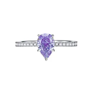 Anello elegante in argento 925 con zircone viola a goccia moda donna brillante