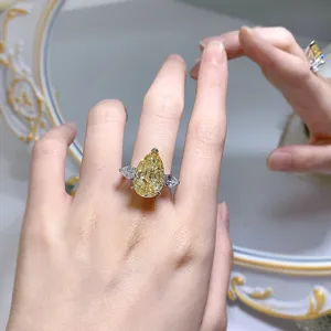 Magnifique bague en argent 925 diamant jaune taille poire style européen de luxe