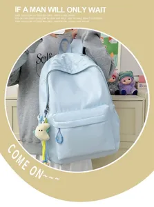Detailed view of the light blue casual backpack, large capacity simple Japanese school bag.