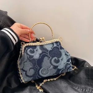 Sac à Main Vintage en Denim Jacquard avec Fermoir Clic-Clac Sac Bandoulière de Luxe en Strass Fine Chaîne pour Femmes