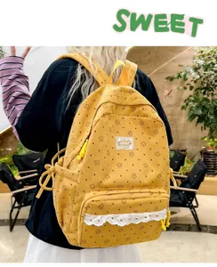 Korean style corduroy school backpack for teen students large capacity casual daypack yellow