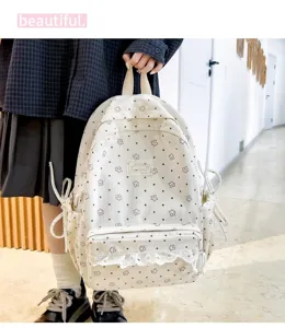 Korean style cute corduroy backpack for teen girls large capacity school bag with floral pattern.