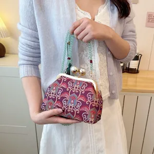 Nieuwe Chinese vintage brokaat handtas met kralen handvat elegante schoudertas hoofdaanzicht