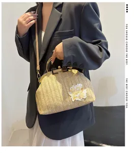 Sac à main en paille tressée avec applique florale, élégant sac bandoulière rétro pour femme