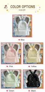 Student casual backpack color options featuring cute bow embroidery and plush charm.