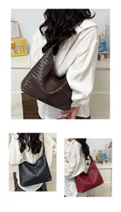 Woven leather shoulder bag detail, casual large capacity underarm tote bag in dark brown and black.
