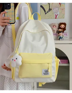 Japanese style sweet star print school backpack detail view, cute cloud pendant, yellow white.