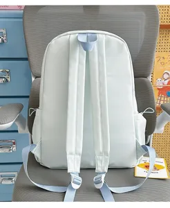 Detailed view of the light blue minimalist student backpack, back view showing straps.