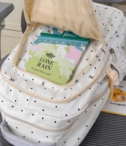 Dettaglio dello zaino bianco a pois con una pratica tasca frontale con zip dal design carino.