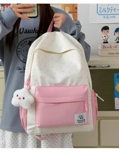 Detailed view of the cute pink and white star backpack with plush cloud pendant and front pocket.