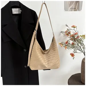 Beige woven leather shoulder bag large capacity hobo handbag stylish casual underarm tote bag.