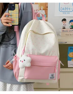 Japanese style sweet pink star print student backpack casual light large capacity school bag