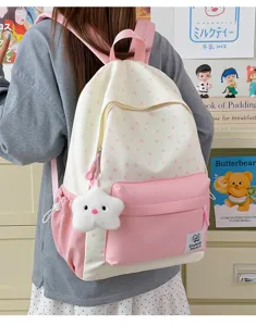 Japanese style sweet pink star print student backpack casual lightweight large capacity school bag
