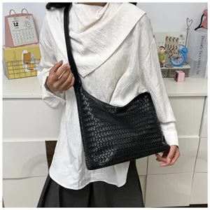 Classic black woven leather shoulder bag, large capacity stylish underarm tote for women.