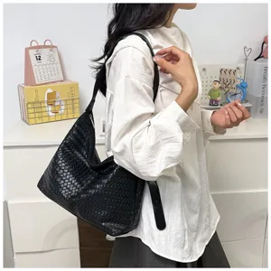 Black woven leather shoulder bag for women large capacity hobo underarm handbag stylish