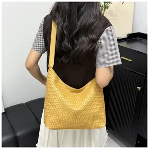 Woven shoulder bag for women large capacity casual tote bag yellow hobo PU leather handbag