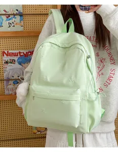 Light green student backpack with bow embroidery, casual minimalist daily casual daypack