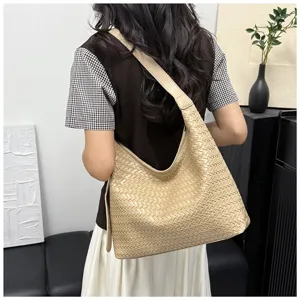 Casual large capacity woven shoulder bag for women, stylish commuting underarm bag tote.