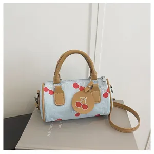 Chic denim pillow shoulder bag with cute cherry print, casual handbag for daily wear.