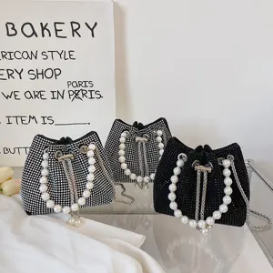 Women Drawstring Bucket Bag Rhinestone Artificial Pearl Handbag Luxury Chain Shoulder Crossbody Bag For Party Daily Wear