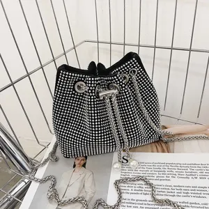 Black Rhinestone Bucket Bag Pearl Chain Drawstring Shoulder Crossbody Handbag for Women