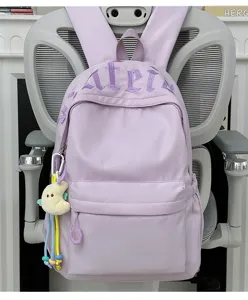 Light purple casual student backpack large capacity school bag with cute embroidery and pendant