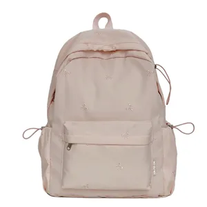Pink bow embroidered student backpack, cute casual lightweight bookbag for daily school.
