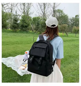 Detail view of the black casual backpack, featuring multiple pockets and durable straps.