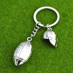 Metal American Football Keychain Pendant with Silver Helmet Sports Souvenir Key Ring.