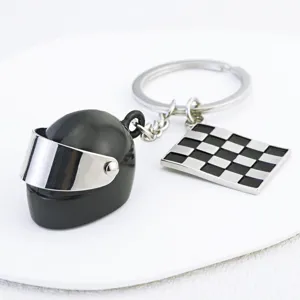 Motorradhelm Schlüsselanhänger mit karierter Flagge Anhänger, Metall coole Biker Geschenk.