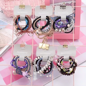 Korean Style Sweet Hair Ties Set For Girls Women Fabric Bowknot Artificial Pearl Decorated Ponytail Holders Daily Hair Accessories
