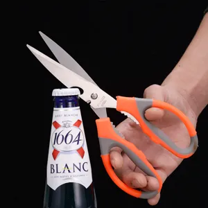 Kitchen scissors blade detail, stainless steel multi-functional tool, ergonomic orange handle